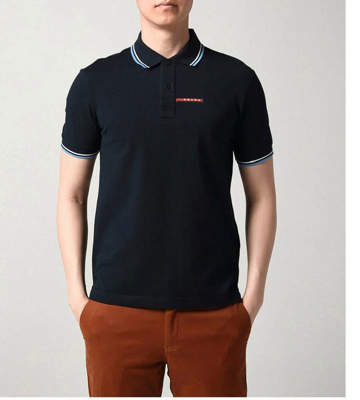 פראדה-PRADA TSHIRT POLO SHORT MEN - Black & White Blue Border – תמונה 5