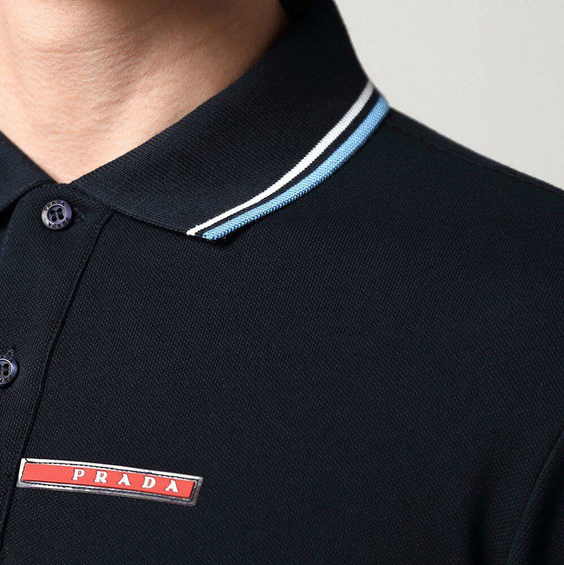 פראדה-PRADA TSHIRT POLO SHORT MEN - Black & White Blue Border – תמונה 4