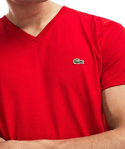 לקוסט-LACSOTE TSHIRT MEN V NECK SHORT - Red – תמונה 4