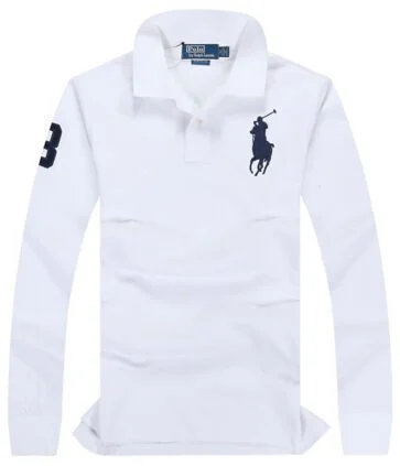 ראלף לורן-RALPH LAUREN POLO TSHIRT MEN LONG BIG PONY - WHITE & NAVY BLUE LOGO