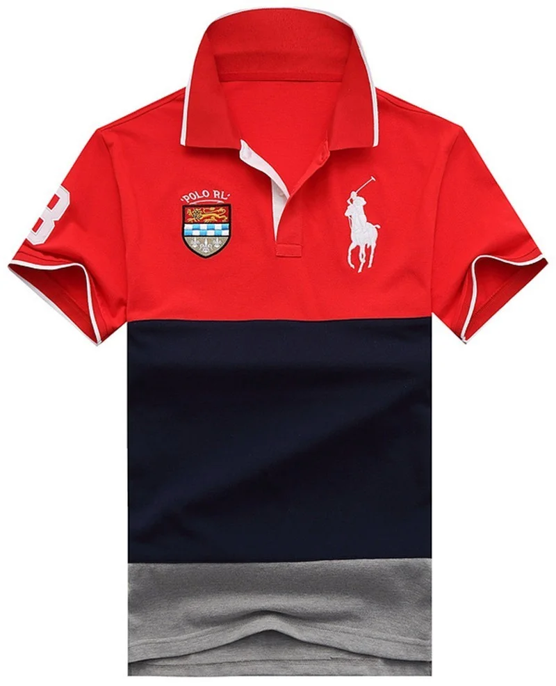 ראלף לורן-RALPH LAUREN POLO TSHIRT SHORT BIG PONY MEN'S-RED NAVY BLUE & GRAY