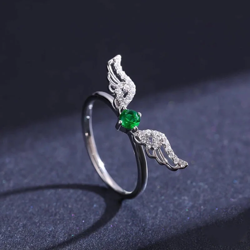 טבעת יוקרה-Silver Feather Rings for Women Cute Angel Wings With Green Crystal – תמונה 3