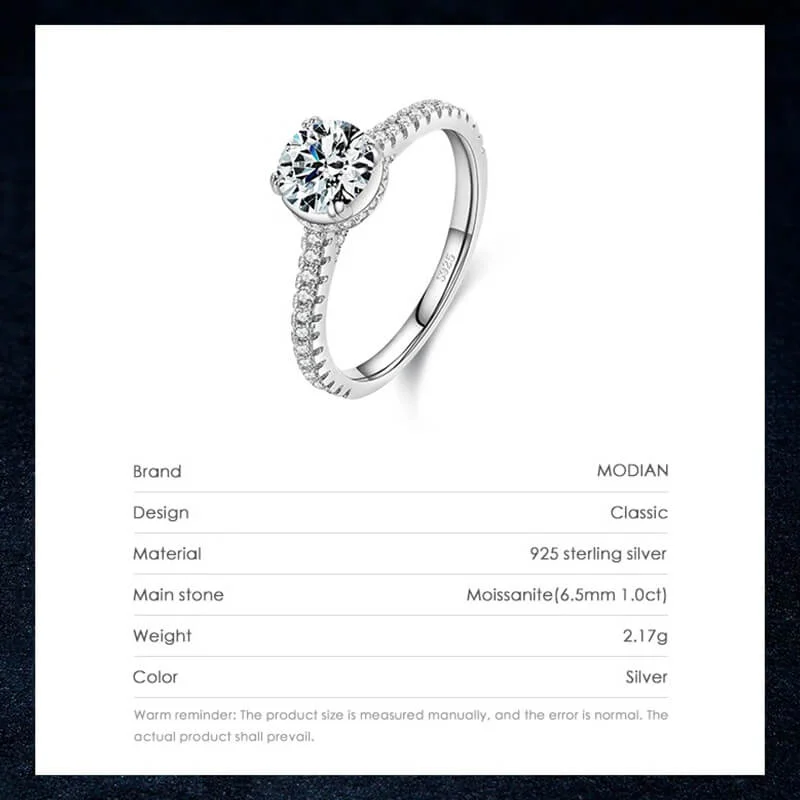 טבעת יוקרה- Silver Ring 1ct Shiny Moissanite For Women – תמונה 3