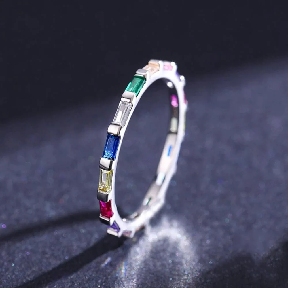 טבעת יוקרה-Silver Ring Rainbow Emerald cut Rectangle CZ Finger Rings for Women Wedding – תמונה 3