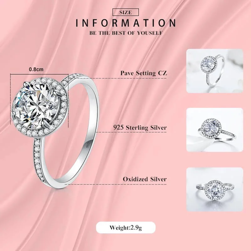 טבעת יוקרה-Silver Round Clear CZ Fashion Finger Ring Classic Jewelry For Women – תמונה 3