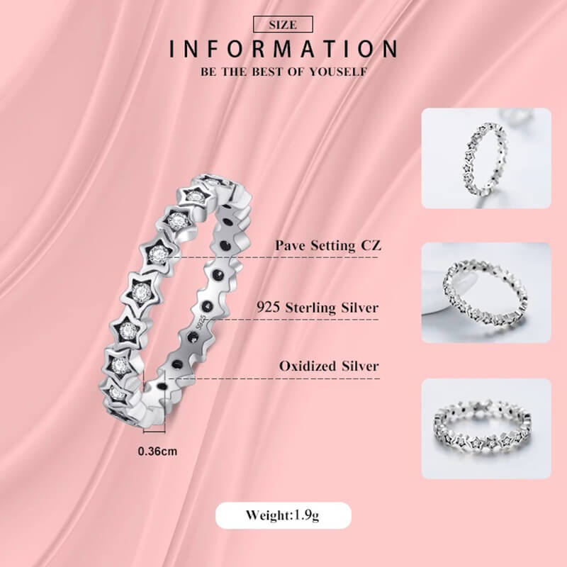 טבעת יוקרה-Silver stars Finger Ring Authentic Real Clear CZ Jewelry For Women – תמונה 3