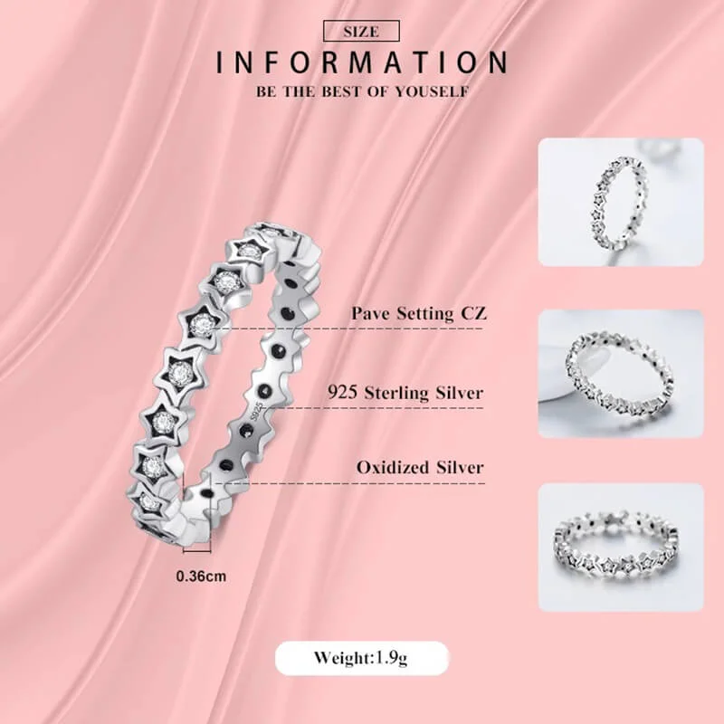 טבעת יוקרה-Silver stars Finger Ring Authentic Real Clear CZ Jewelry For Women – תמונה 3