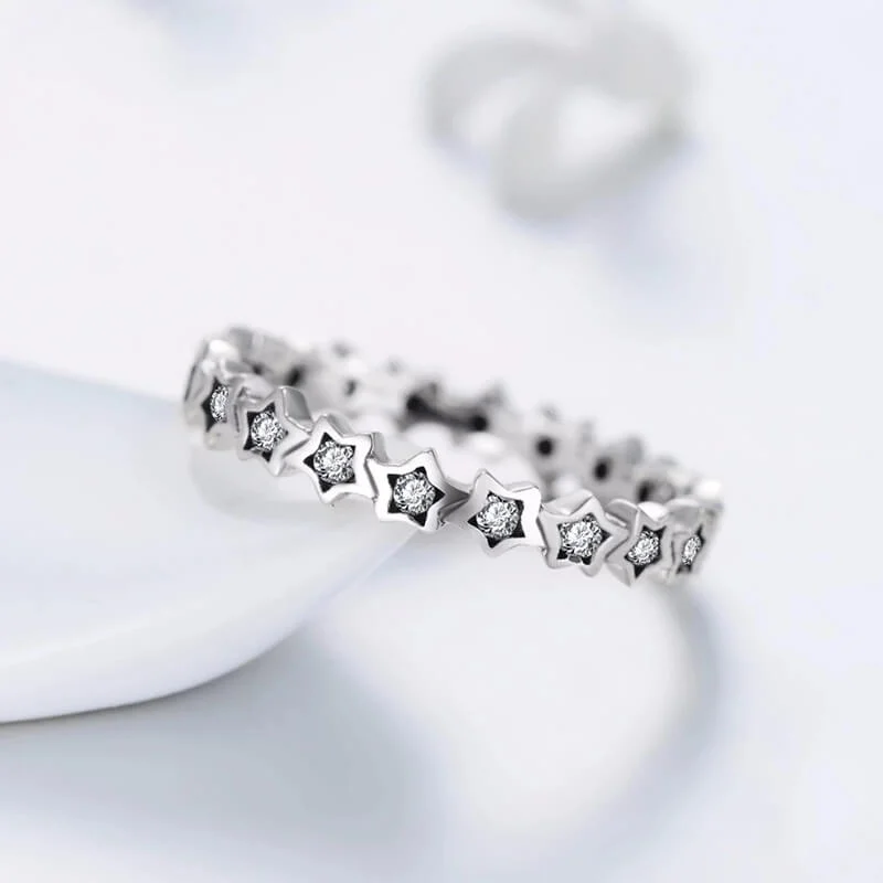 טבעת יוקרה-Silver stars Finger Ring Authentic Real Clear CZ Jewelry For Women – תמונה 5