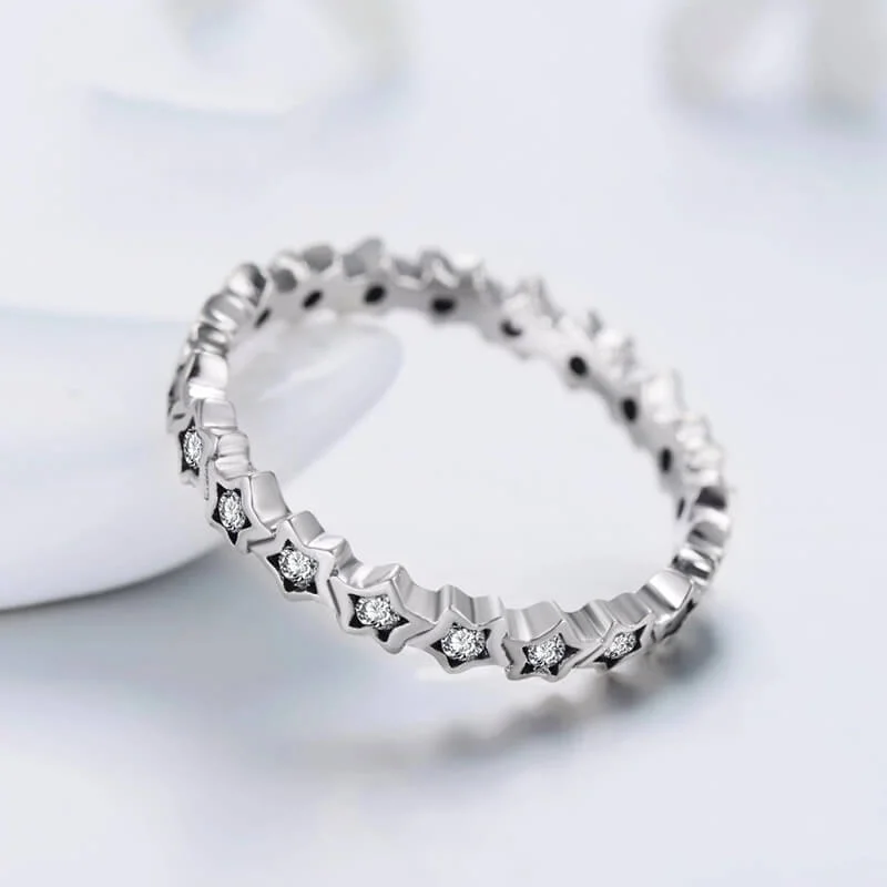 טבעת יוקרה-Silver stars Finger Ring Authentic Real Clear CZ Jewelry For Women – תמונה 4